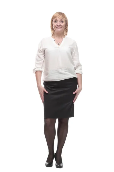 Beyaz bluz ve siyah etek giyen olgun bir iş kadını. . — Stok fotoğraf