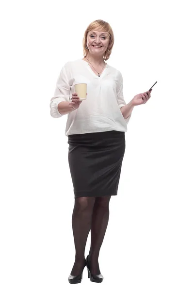 Business woman with smartphone and coffee to take away. — Stock Photo, Image