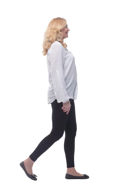 Side view. woman in comfortable clothing striding forward . — Stock Photo, Image