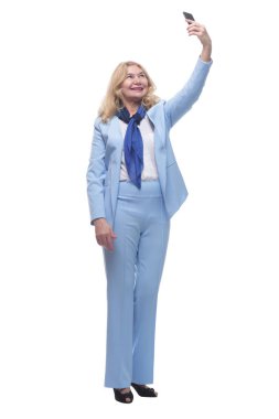 Tam gelişim. Mutlu, modaya uygun bir kadın video bağlantısında konuşuyor. .