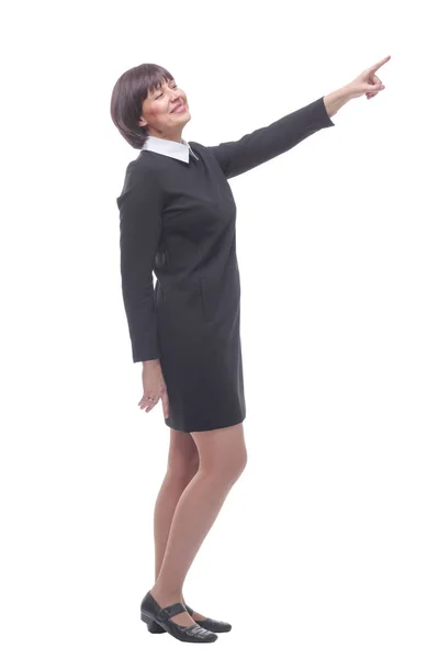 Vista lateral. jovem mulher em roupas de negócios olhando para a câmera . — Fotografia de Stock