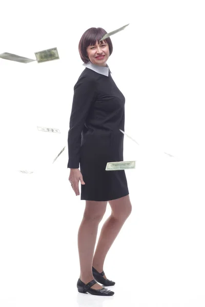 Odnosząca sukcesy bizneswoman stojąca w deszczu pieniędzy. — Zdjęcie stockowe