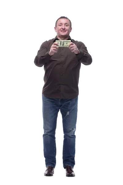 Sorrindo homem com um maço de notas de dólar . — Fotografia de Stock