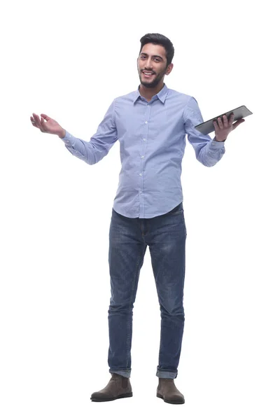 Em pleno crescimento. jovem amigável com uma prancheta. — Fotografia de Stock