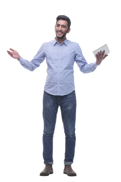 En pleno crecimiento. joven feliz con una tableta digital. — Foto de Stock