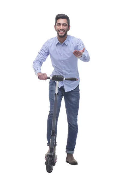 En pleine croissance. heureux jeune homme avec un scooter électrique — Photo