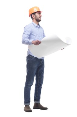 Tam gelişim. Erkek mimar yeni bir proje çiziyor. .