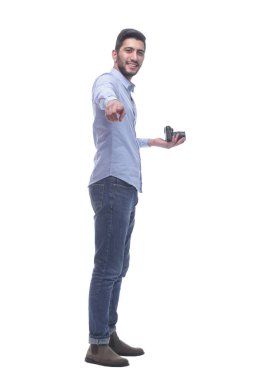 Yan görünüş. Kameralı bir erkek fotoğrafçı..