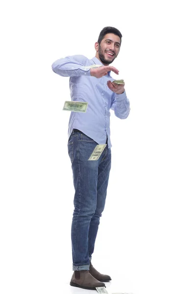V plném růstu. veselý muž s bankovkami . — Stock fotografie