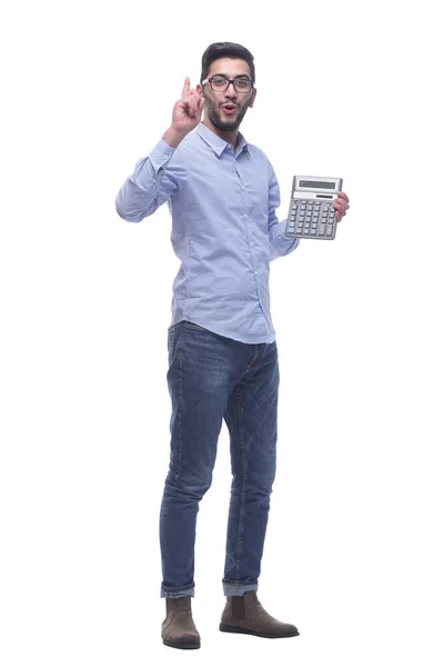 En pleno crecimiento. joven inteligente con una calculadora . — Foto de Stock