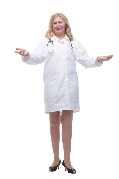 Friendly female medic is greeting you . isolated on a white background. Stock Image