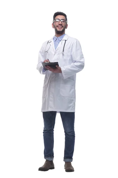 Médico assistente com área de transferência. isolado sobre um fundo branco. — Fotografia de Stock