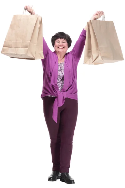 De larga duración. mujer anciana casual con bolsas de compras. —  Fotos de Stock