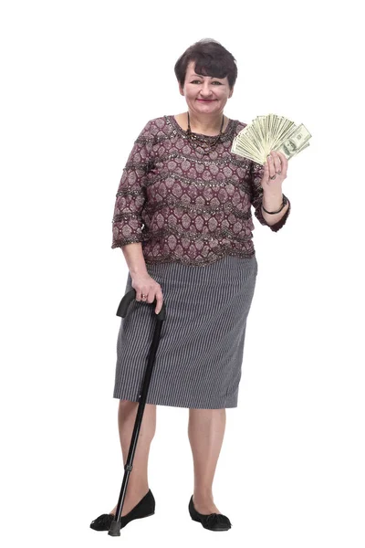 Mujer anciana casual con un fan de los billetes. — Foto de Stock