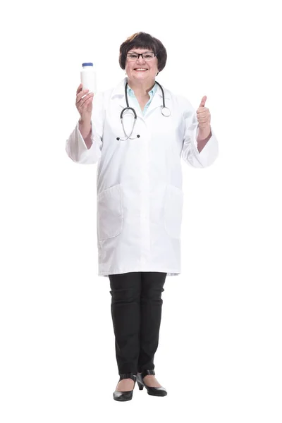 In full growth. senior female doctor with sanitizer in hand . — Stock Photo, Image