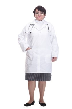 Tam gelişim. Steteskoplu yaşlı bir kadın doktor. .