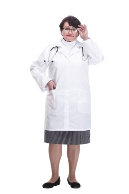 Tam gelişim. Steteskoplu yaşlı bir kadın doktor. .