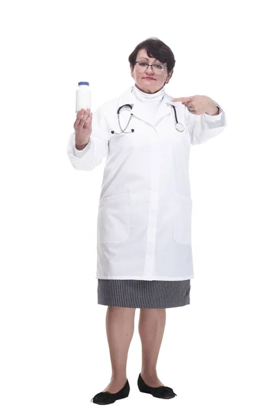 In full growth. senior female medic with sanitizer in hand. — Stock Photo, Image