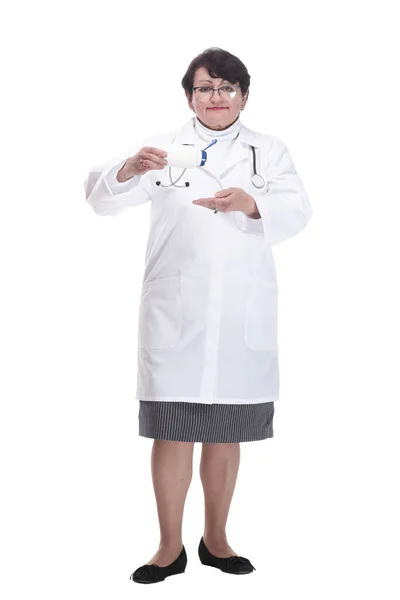 In full growth. senior female medic with sanitizer in hand. — Stock Photo, Image