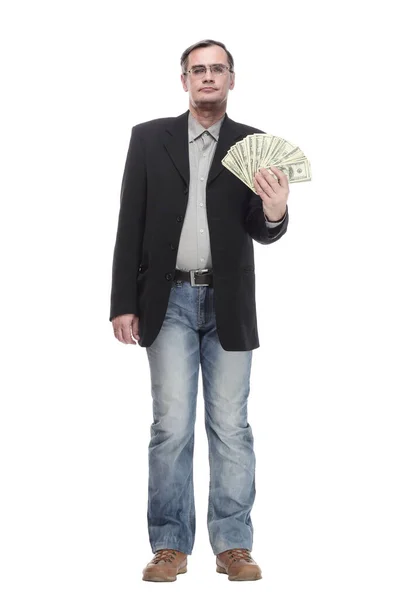 In full growth. serious business man with dollar bills. — Stock Photo, Image