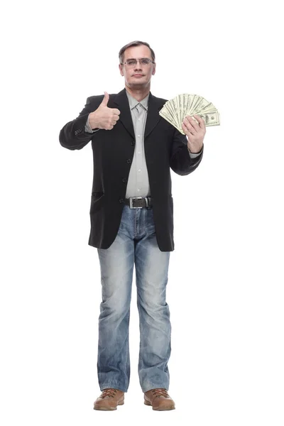 In full growth. serious business man with dollar bills. — Stock Photo, Image