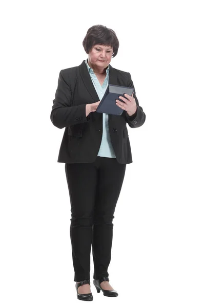 In volle groei.lachende zakenvrouw met een rekenmachine. — Stockfoto