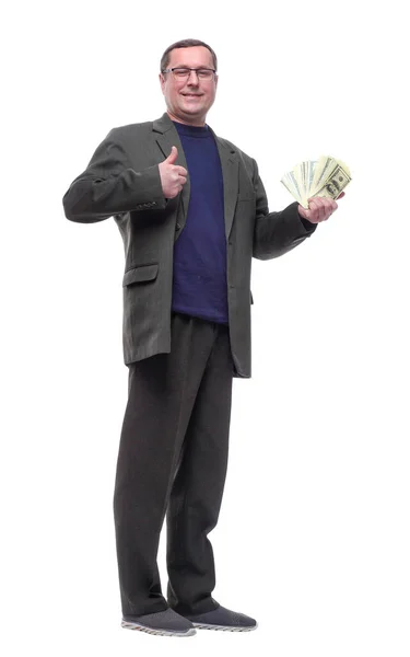 Πλήρους μήκους. casual man που απεικονίζει δέσμη τραπεζογραμματίων. — Φωτογραφία Αρχείου