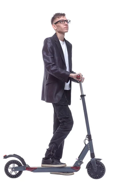 Side view. student guy with an electric scooter looking at you. — Stock Photo, Image