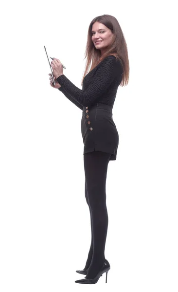 Side view. young woman writing something to the clipboard. — Stock Photo, Image