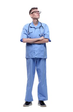 Tam gelişim. Steteskopu olan ciddi bir sağlık görevlisi..