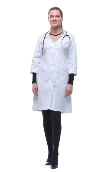 I full tillväxt. kvinnlig läkare med stetoskop. — Stockfoto