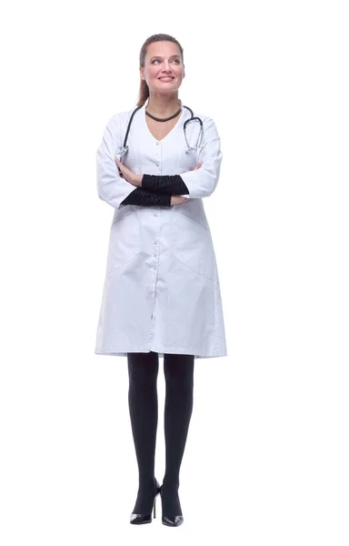 I full tillväxt. leende kvinnlig läkare med stetoskop. — Stockfoto