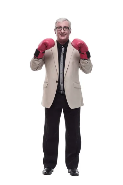 V plném růstu. Starší, inteligentní muž v boxerských rukavicích. — Stock fotografie