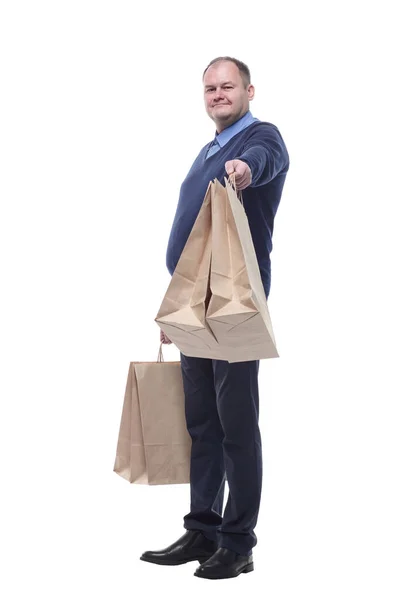 En pleno crecimiento. hombre maduro casual con bolsas de compras. — Foto de Stock