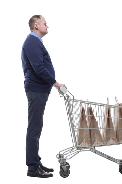 En pleno crecimiento. hombre maduro casual con carrito de compras. — Foto de Stock