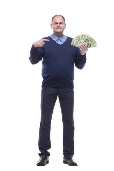 En pleno crecimiento.Hombre maduro mostrando facturas en efectivo . — Foto de Stock