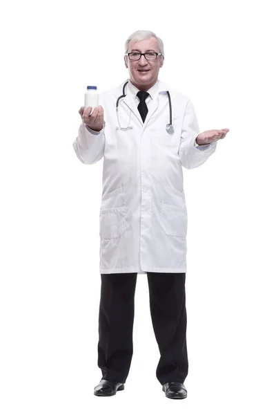 In full growth. qualified mature doctor with sanitizer in hand. — Stock Photo, Image