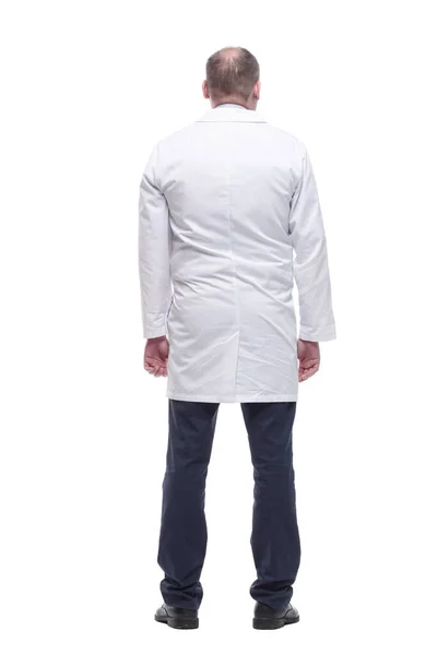 Οπίσθια όψη. άντρας νοσοκόμος κοιτάζοντας μια λευκή οθόνη. — Φωτογραφία Αρχείου