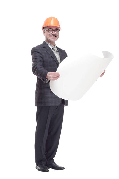 qualified architect holds a new drawing. isolated on a white
