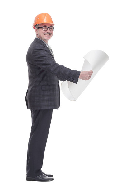 qualified architect holds a new drawing. isolated on a white