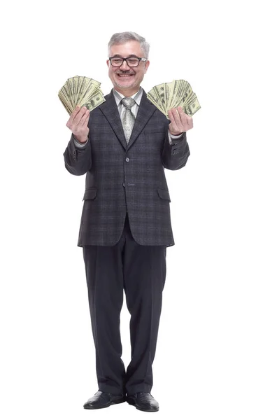 Happy man with money bills pointing at you. — Stock Photo, Image