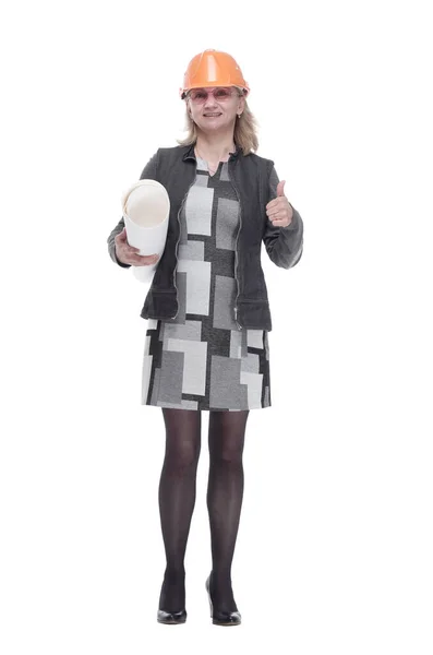 보호용 헬멧을 쓴 젊은 여성 건축가입니다. 외따로 떨어져 있는 백인 — 스톡 사진