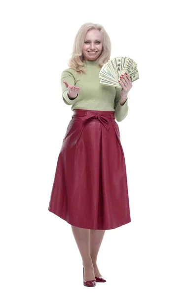 銀行券で笑顔の若い女性。白地に隔離され — ストック写真