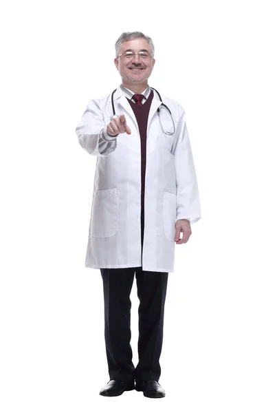 Smiling doctor with a stethoscope pointing at you — Stock Photo, Image