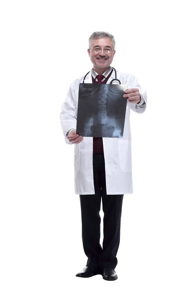 Dokter therapeut kijkt naar de röntgenfoto. geïsoleerd op een witte achtergrond — Stockfoto