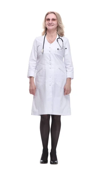 Smiling woman doctor looking at you. isolated on a white — Stock Photo, Image