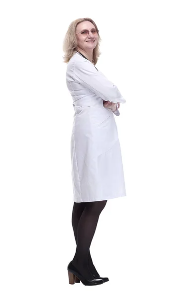 Serious female medic looking at a white screen. isolated on a white — Stock Photo, Image