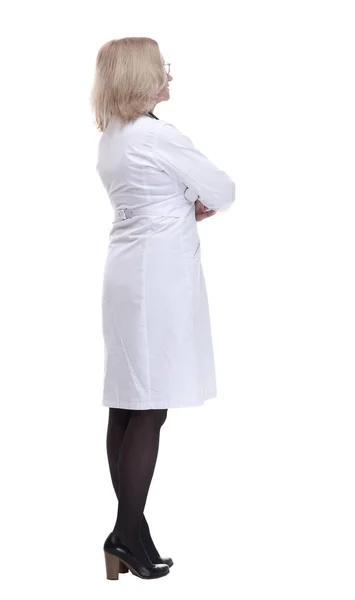 Female doctor looking at blank screen. isolated on a white — Stock Photo, Image