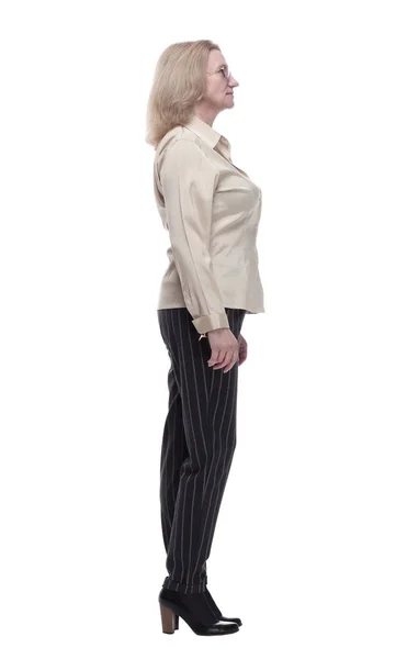 Smiling woman in striped trousers looking at you — Stock Photo, Image