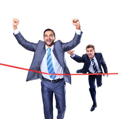 çalışan mutlu işadamı ile satır bitirme. beyaz izole